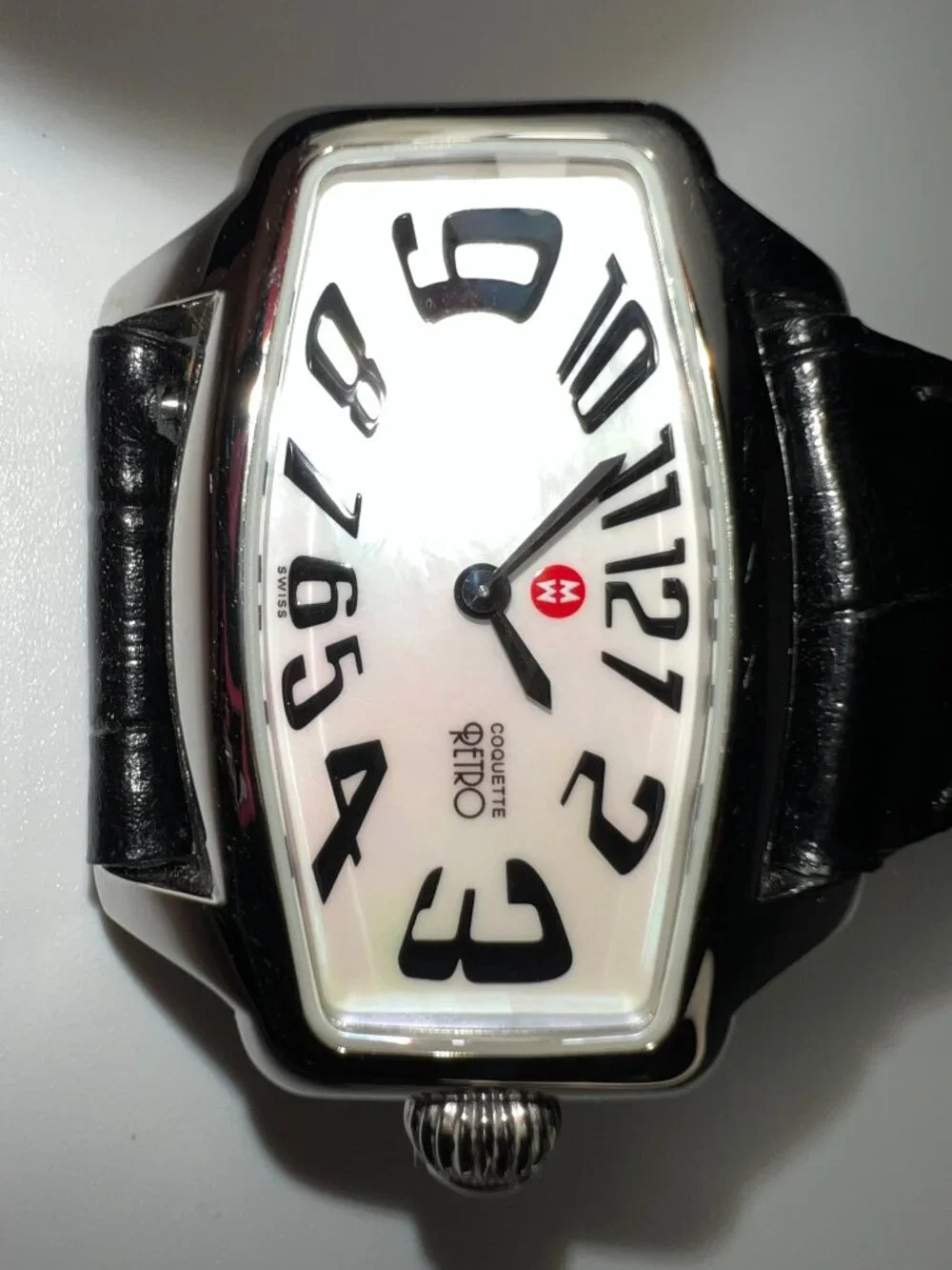 RARE MICHELE Coquette Retro Watch MOP Dial - Black Leather Belt - SWISS